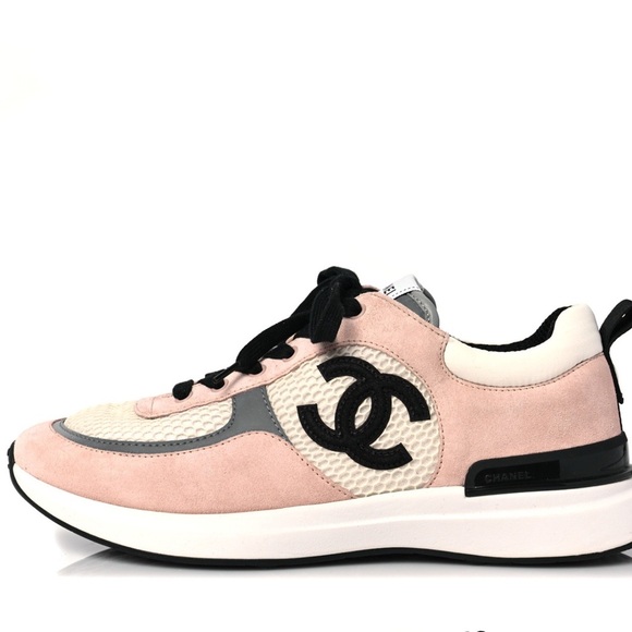 Chanel women Mesh Suede Calfskin Grained Calfskin Womens CC Sneakers 38.5 pink - Picture 3 of 13